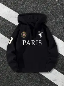 Men's Half-Zip Hoodie, Drop Shoulder Hooded, Fashion Casual Loose Fit, Cute Print Design, Fall & Winter Street Style, Shoulder Drop, Daily Essential