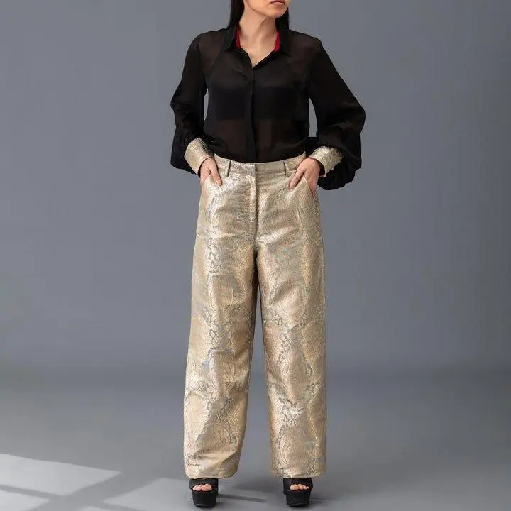 Brocade Trousers - Grey & Gold