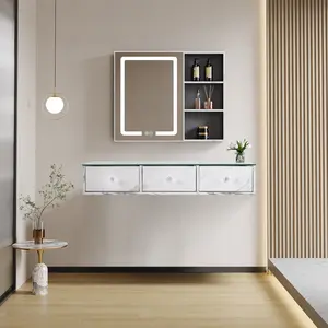 BarberPub Glass Top Wall Mount Station with 3 Drawers, Minimalist Hair Salon Styling Equipment 2200