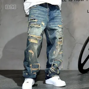 Mens Ripped Baggy Jeans Distressed Streetwear Skateboard Pants Straight Leg Patchwork Urban Fashion Workwear Menswear AsianSports & Outdoor