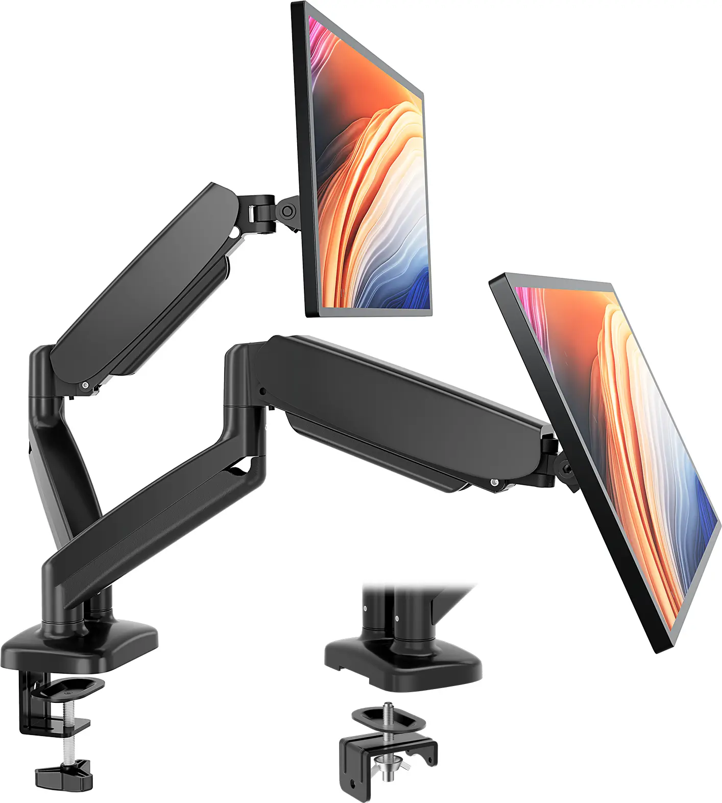 Ergonomic Adjustable Dual Monitor Arm - Metal Gas Spring 2-Monitor Office Desk Mount, Clamp/Grommet Base, VESA Bracket for 13-32 in Commercial Office Furniture (Supports 4.4-17.6 lbs)