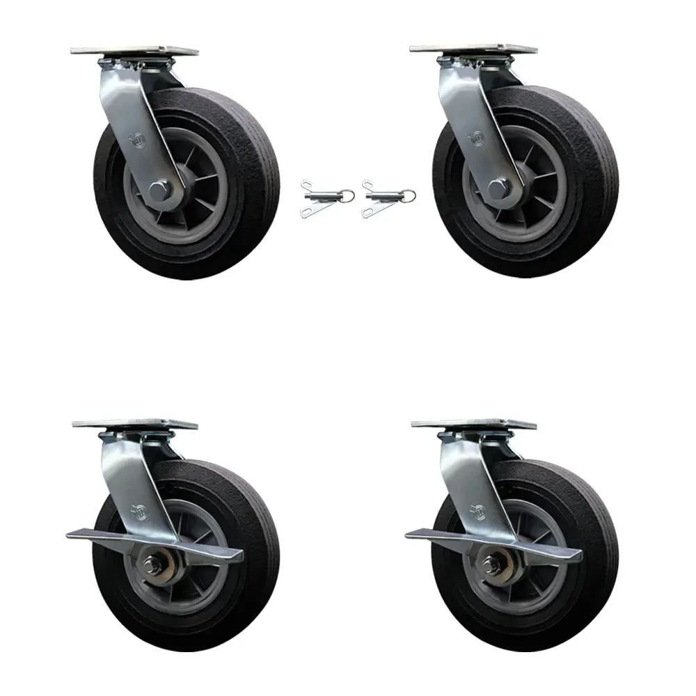 BBQ Smoker Grill Flat Free All Terrain Caster Wheel Set–8 Inch Easy Roll, No Flat, Maintenance Free Solid Rubber Wheels–2 Swivel with Bolt-On Locks and 2 Swivel with Side Lock Brakes – Service Caster