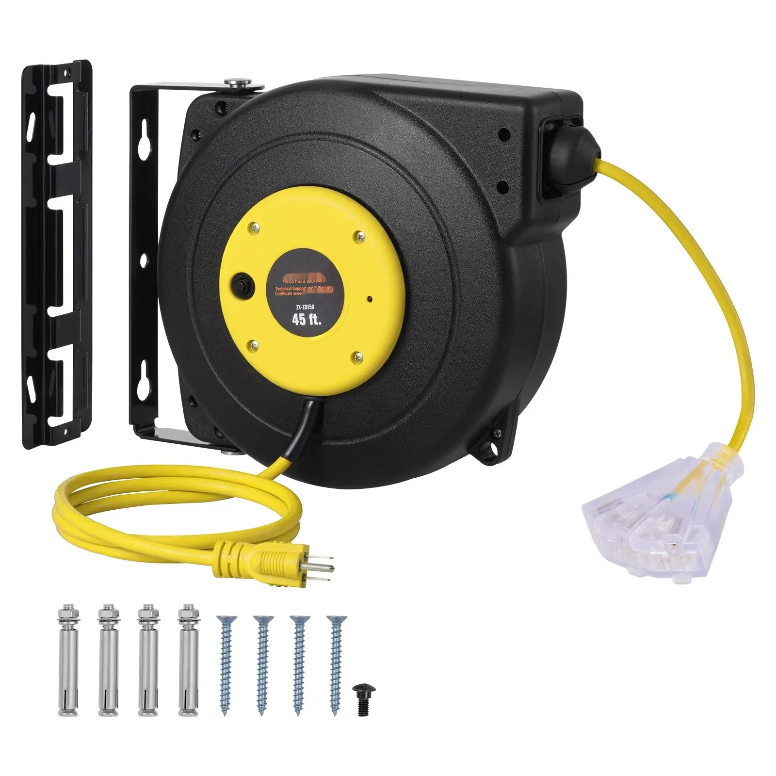 Retractable Extension Cord Reel With 45Ft 12 AWG 3C SJTOW Power Cable, Heavy-Duty Auto-Rewind Reel For Indoor And Outdoor Use, Tangle-Free Cable Management, Portable Electrical Cord Organizer For Workshops, Garages, And Job Sites