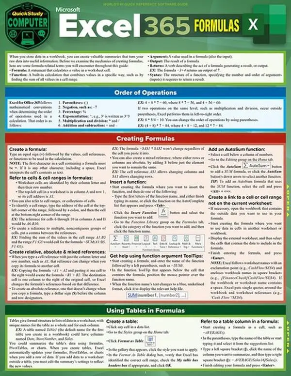 QuickStudy Excel 365: Formulas Laminated Reference Guide