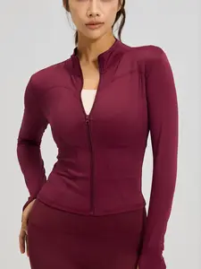 Women's Solid Color Thumbhole Zipper Sports Jacket Long Sleeve Stand Up Collar Front Zip Outerwear Zippered Jacket for Yoga Fitness Workout Gym Clothing Volleyball Uniform Split Sleeve Slim Fit Athletic Jackets