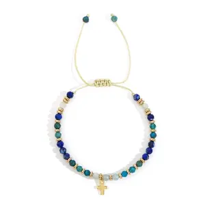 Shinus Boho Christian Cross Lapis Lazuli Stone Bracelets for Women Faith Easter Catholic Religious Christian Beaded Jewelry Meaningful Baptism Communion Natural Beads Bracelet Gift for Women Gift for her adjustable fashion accessory