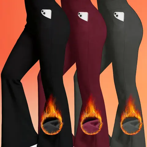 3-pack brushed high-waist flare pants. Black, gray, red. High-rise, sculpting fit, flared hem. Super buttery brushed interior. Retro daily go-to
