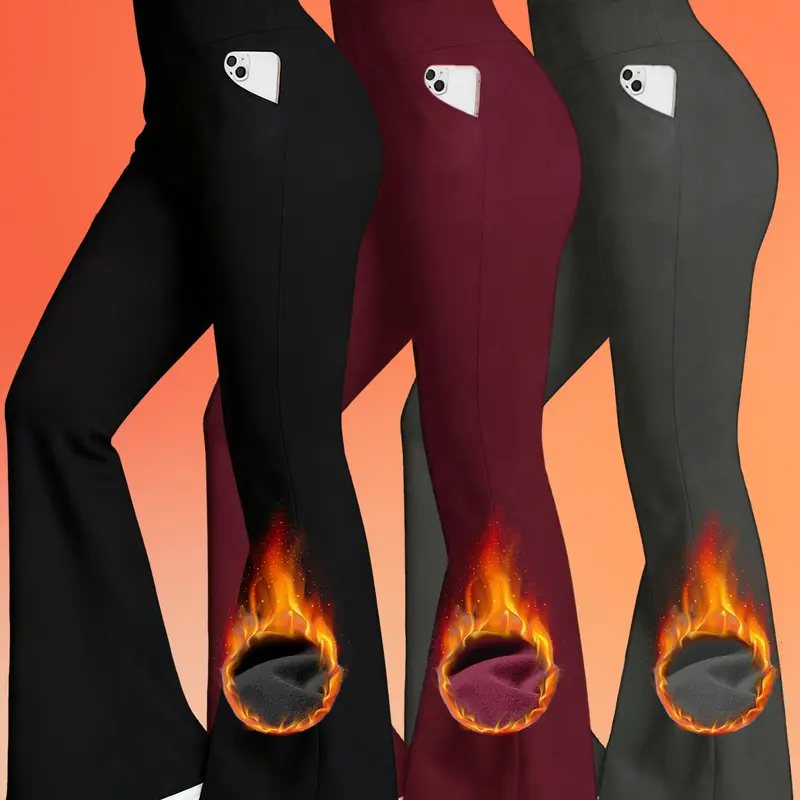 3-pack brushed high-waist flare pants. Black, gray, red. High-rise, sculpting fit, flared hem. Super buttery brushed interior. Retro daily go-to