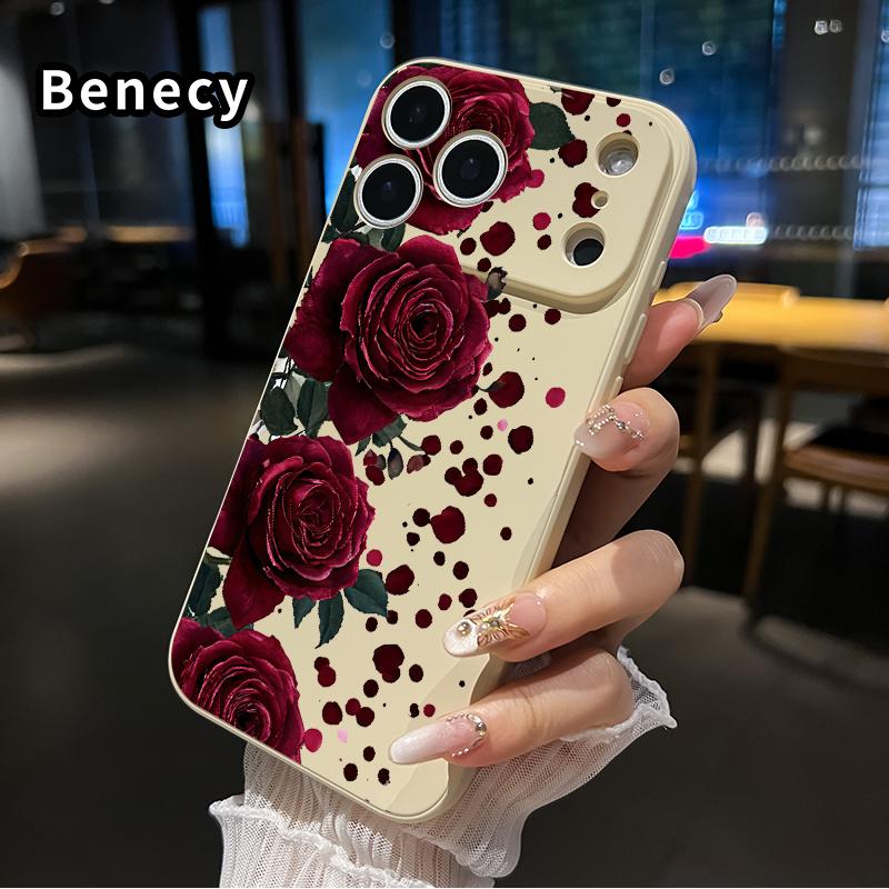 Straight Edge Phone Case for iPhone 17 15 16 14 Pro Max 13 12 11 XR XS Plus Air E Blooming Ruby Roses Pattern Drop Protection Shockproof Soft Liquid Silicone Smartphone Cover