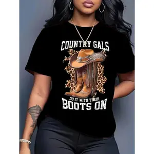 Women's Summer Top Western Cowboy Girl Pattern T-Shirt - Red Country Music Design, Comes with Boots and Hat, Casual Summer T-Shirt, Blend, Machine Washable, Western T-Shirt 180g