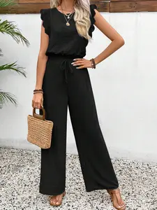 Two-piece women's solid color lace round neck fly sleeve sleeveless top   high-waisted straight-leg drawstring loose wide-leg thin Lounge Set, suitable for summer, suitable for Casual office commuting, leisure at home, gatherings and other occasions.