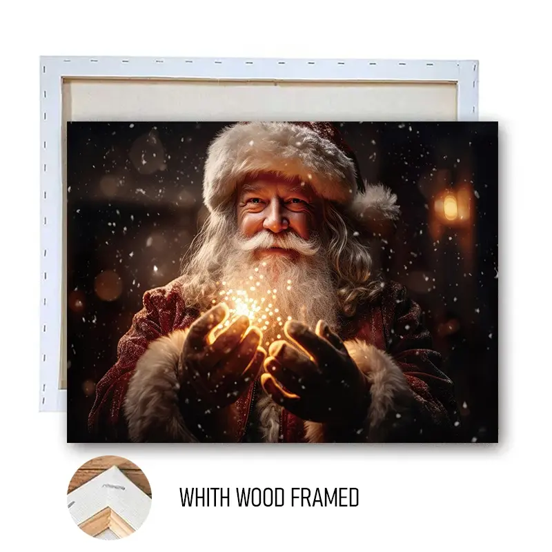 1pcs FRAMED Christmas Decorative Canvas Painting with Wooden Frame Santa Claus Holding Shining Magic Hands Print Holiday Wall Art for Living Room Xmas Home DecorationChristmas Decorative Canvas Painting