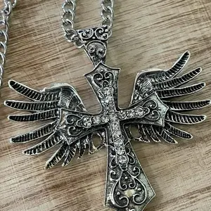 Silver Color Rhinestones Cross With Angel Wings Necklace