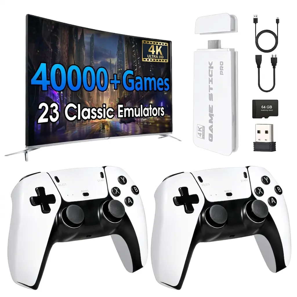 Retro Game Stick Pro for TV 40000+ Built-in Games 23 Emulators,2 Wireless Controllers,64GB SD Card,4K HDMI Output for Teens Adults