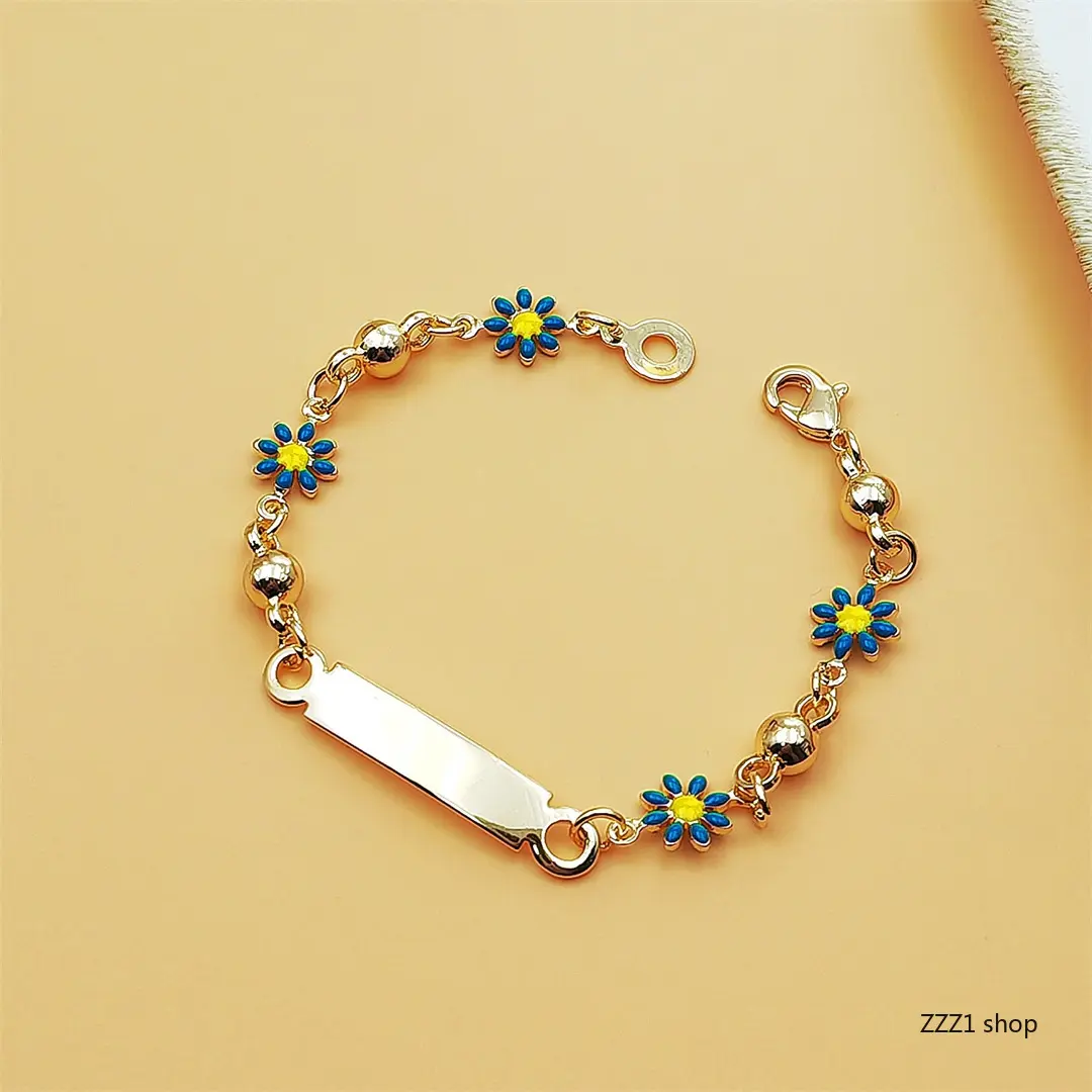 Retro Daisy Flower ID Bracelet for Girls, Sporty Gold-Tone Finish with Blue Enamel Beaded Links, Engravable Birthday Gift, Flowers, Daisy Links, Retro Daisy Flowers
