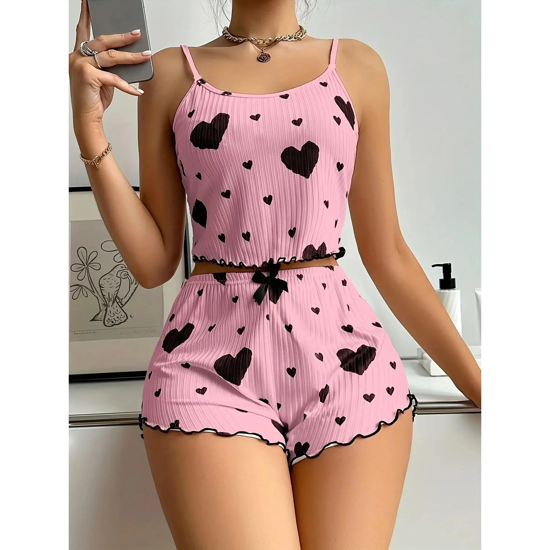 Women's Pajamas Set Summer Vest with Shorts Heart Print Spaghetti Strap Camisole Sleepwear for Girls,Multicolor Heart Print  Sexy Backless Camisole Deep V Women's Pajama Set,Backless Crop Top and Shorts, Comfortable Loose Fit Summer Pajamas