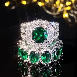 Luxury Emerald Ring Set | Square Geometric Oval Full Eternity Band | High-End Fashion Jewelry