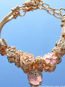 Women's Enamel Flower Charm Bracelet, Rose Rhinestone Snake Chain Jewelry, Sweet Floral Style Daily Party Wear, Fashionable Jewelry