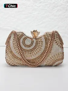 Full-rhinestone women's evening clutch, wedding handheld style, Wedding ready, includes shoulder strap for crossbody wear, crown-shaped rhinestone clasp, ideal for formal occasions, Embellished Clutch