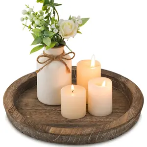 Candle Plate Holder Tray: Round Wood Decorative Candle Plate - Rustic Farmhouse CoffeeTable Decor - Tealight Pillar Trays for Home Decor (Distressed)