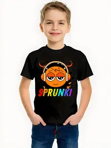 New Summer Short-Sleeved Round-Neck T-Shirts For Boys And Girls, Sprunki Rhythm Box Cartoon Orange Little Person Print Top, Cute Graphic Tee, Funny Graphic Tee, Cool, Unique, Casual Children's Clothing For Daily Use And Outdoor Activities, Versatile