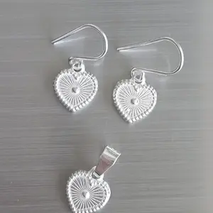 950 Silver Heart Shape Set - Earrings and Pendant with Intricate Design