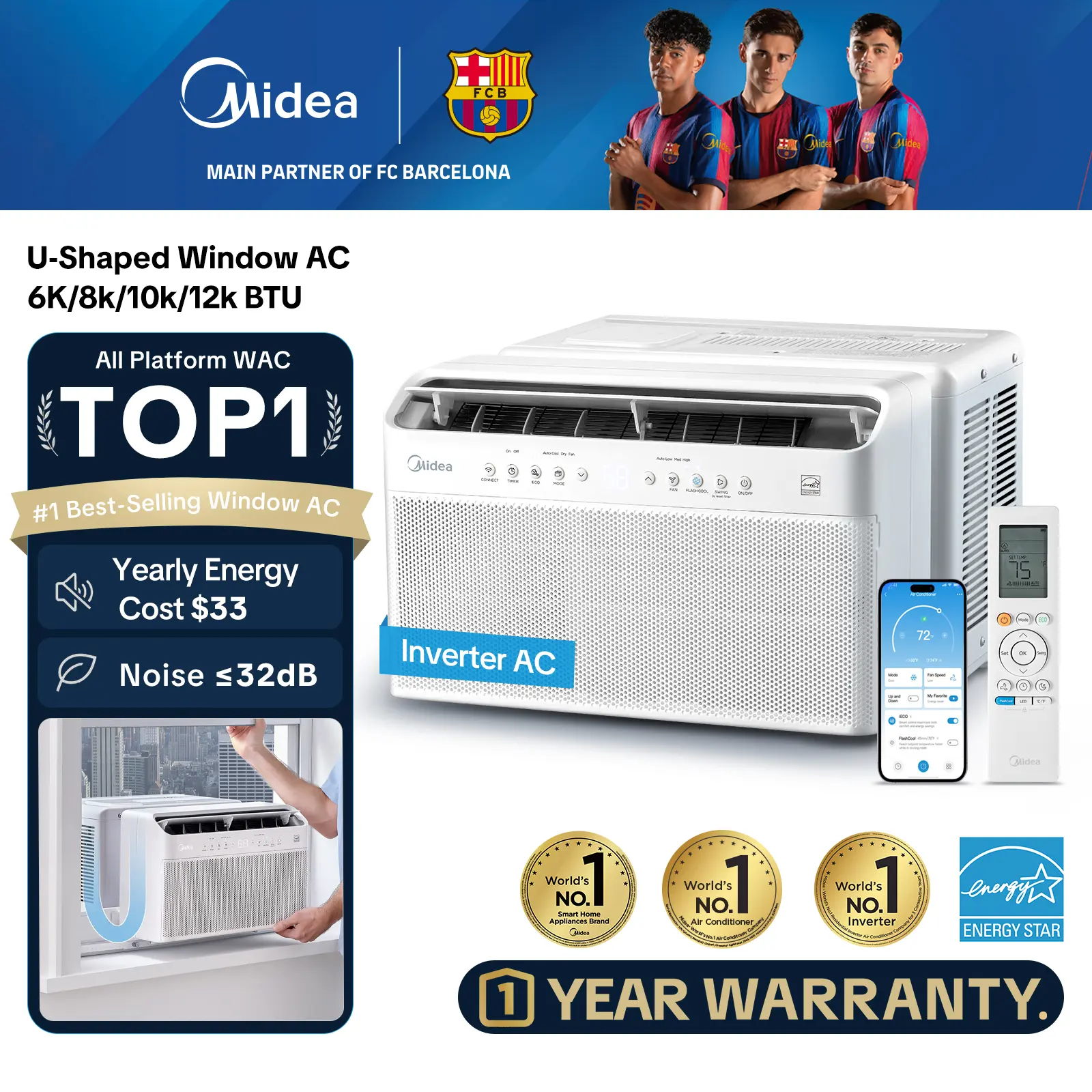 Midea 6K/8K/10K/12K BTU U Shaped Smart Inverter New Window Air Conditioner, Cools up to 450 Sq. Ft.,Ultra Quiet with Open Window Flexibility, Works with Alexa/Google Assistant, 35% Energy Savings, Remote Control