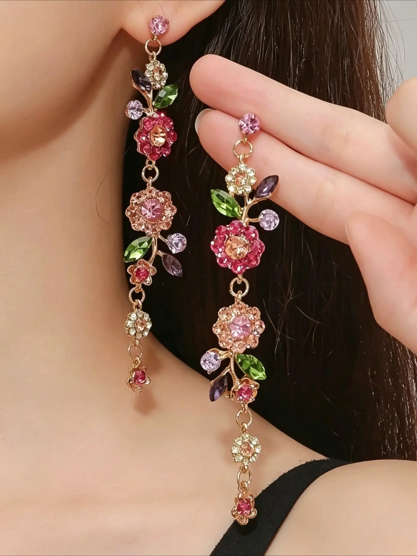 Elegant Floral Leaf Long Fringe Rose Drop Dangling Party Festival Earrings for Women, Fashionable Party Evening Wear Jewelry, Stylish Holiday Accessories