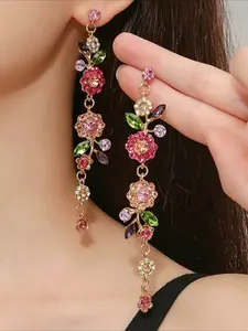 Elegant Floral Leaf Long Fringe Rose Drop Earrings for Women, Fashionable Party Evening Wear Jewelry, Stylish Holiday Accessories