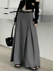 Qiukichonson Grey Midi Long Skirts Womens Trousers Skirt 2022 Autumn Winter Goth Lolita High Waist Asymmetrical Pleated Skirts