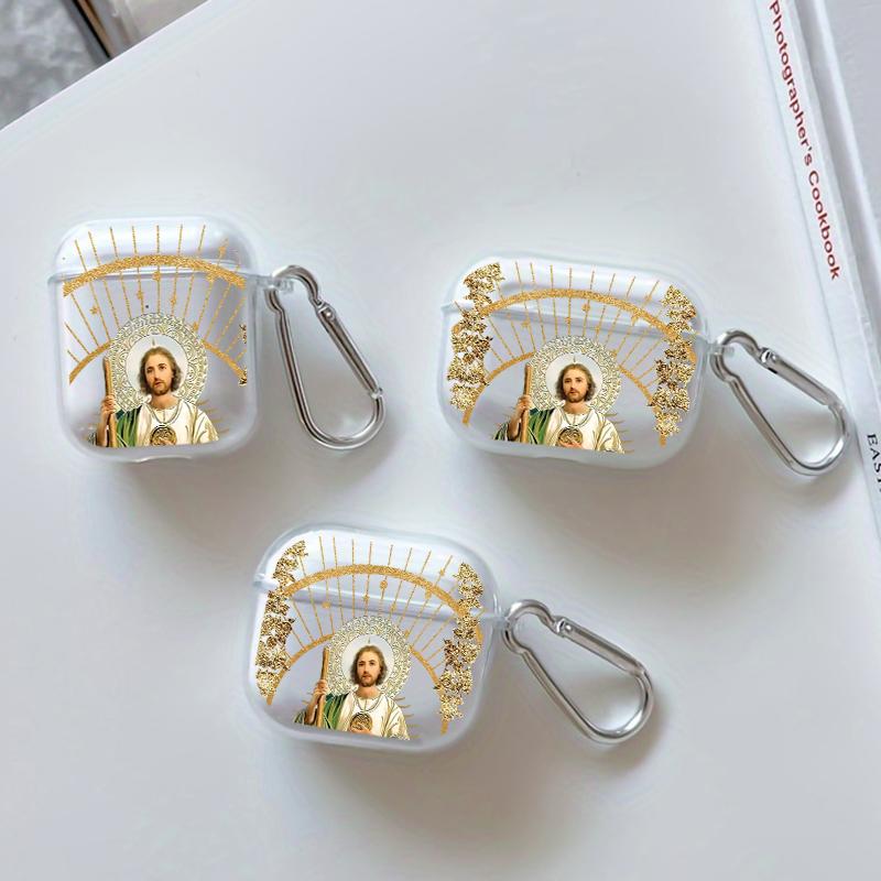 Divine Saintly Radiance Pattern Protective Case for AirPods 4/3/2/1/Pro/Pro2 Soft TPU Earphone Cover, Transparent with Keychain