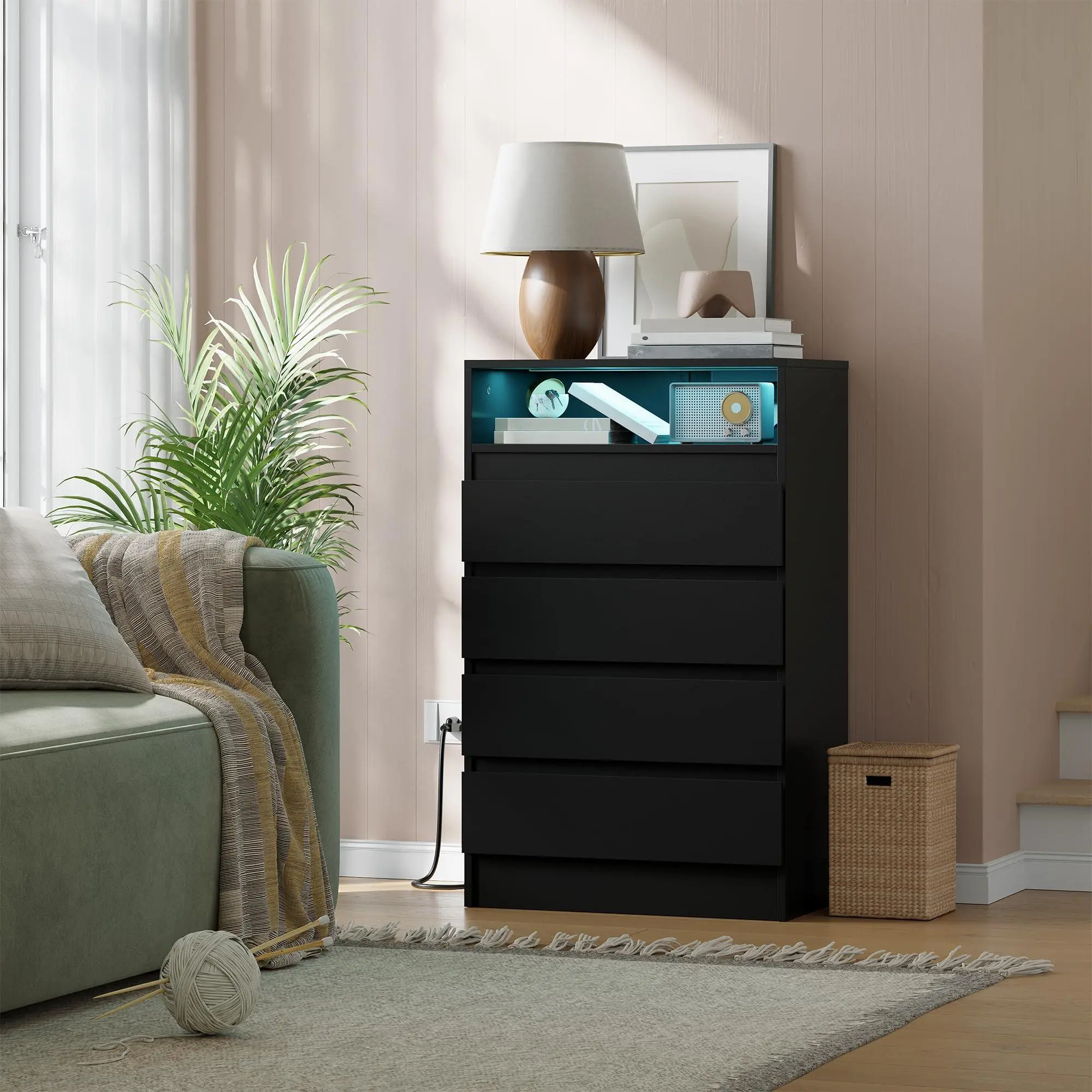 4 Drawer Dresser with Charging Station & LED Lights, Modern Chest with Power Outlets for Bedroom
