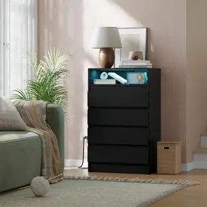 4 Drawer Dresser with Charging Station & LED Lights, Modern Chest with Power Outlets for Bedroom