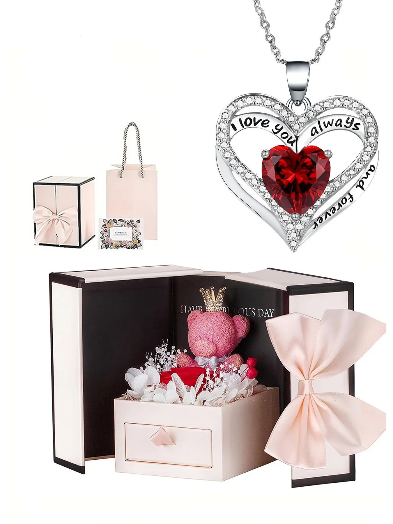 Elegant Rose Bear Gift Box with Heart Pendant Necklace, Mother's Day Gift, Christmas Valentine's Day Gift, Women's Jewelry Gift, Birthday Gift Jewelry, Love Heart Necklace
