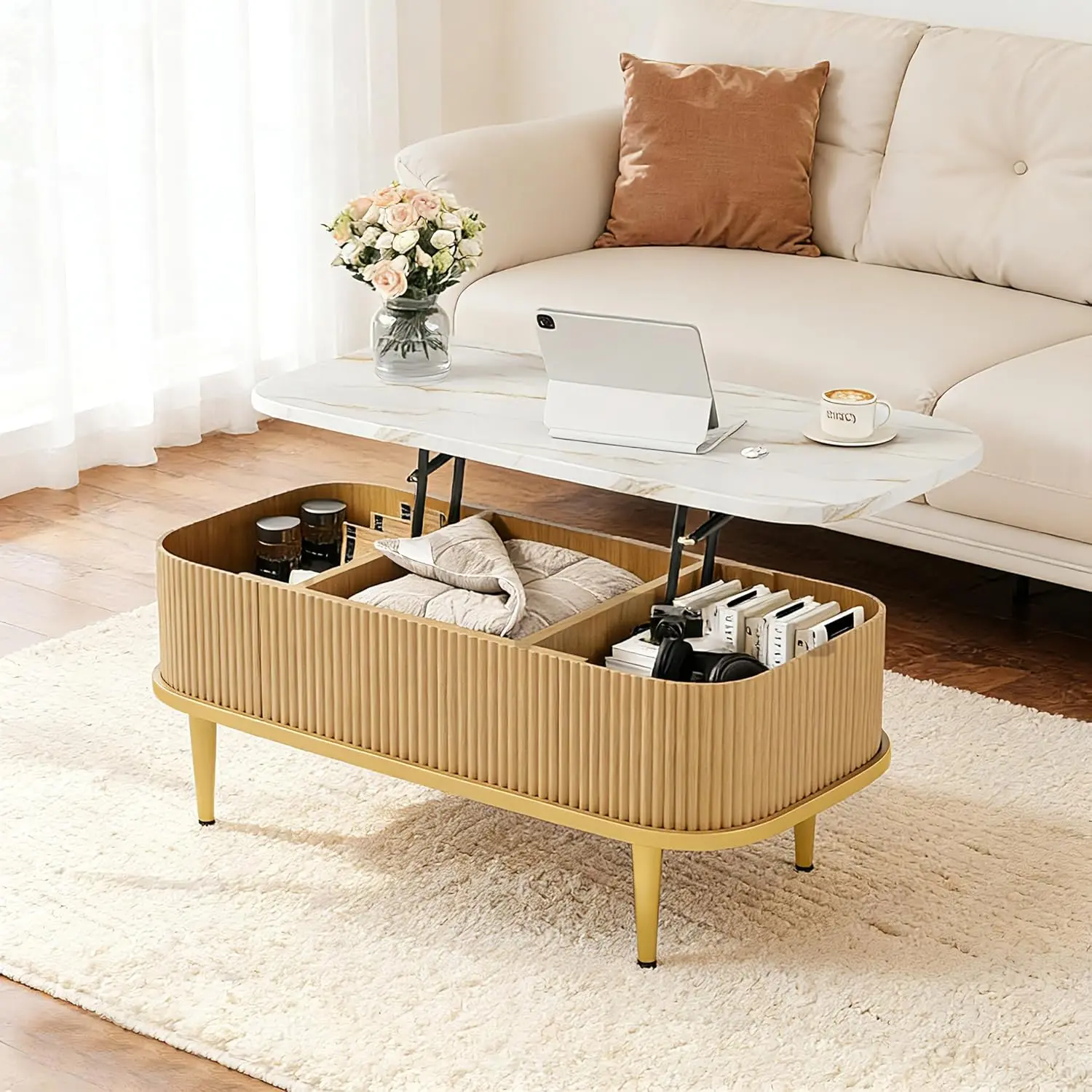 Rectangle Coffee Table - Modern Center Table, Metal & Oak Wood with Fluted Edge, Foldable Expandable Dual-Use Indoor Furniture with Hidden Compartment Storage, Golden Metal Legs, Living Room Foyer Accent Piece, Modern Center Tables