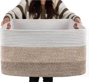Large Cotton Rope Storage Basket, Rectangular Woven Basket with Handles, Nursery Blanket Holder for Living Room, Decorative Toy Organizer-21”x16”x12”
