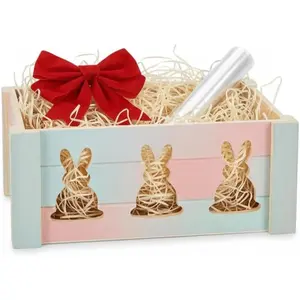 Bunny  Basket Kit - Wooden   Crate with Wrap, Bow & Shred - Rustic Fill-Your-Own  Box for  Shower, Birthday &  Decor
