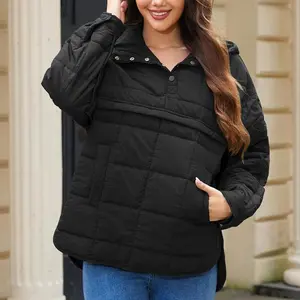 Women’s Oversized Pullover Puffer Jacket, Long Sleeve, Hooded, Lightweight, Warm Quilted Hoodie/Coat Top, Casual Women’s Wear