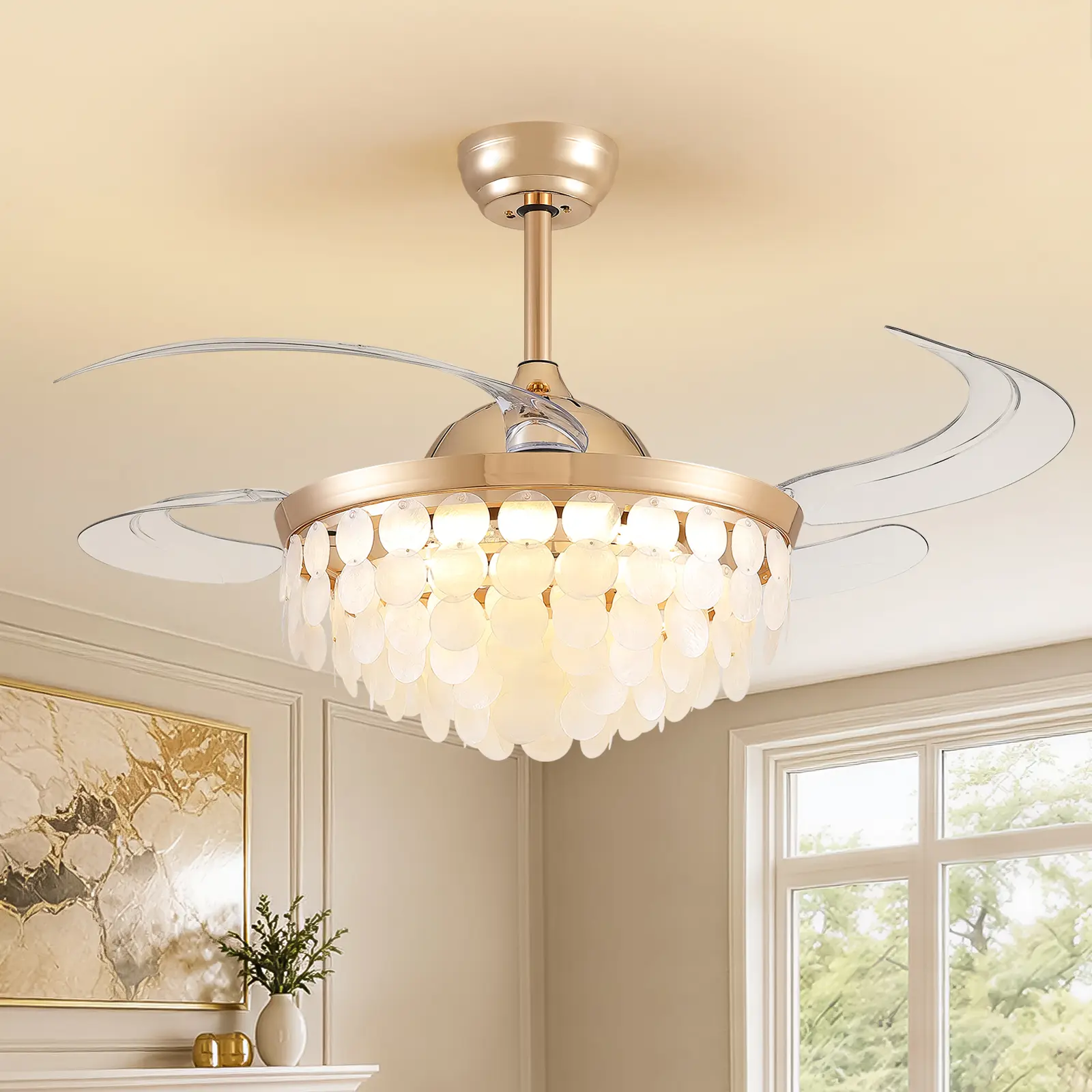 48'' Gold Fandelier Ceiling Fan with Light, Capiz Shell Retractable Ceiling Fan Lights with APP/Remote, Dimmable Coastal Invisible Chandelier Fan with 6 Speeds Wind, Timer for Bedroom Living Room