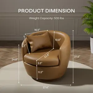 Leather Swivel Chair with Storage, Brown Barrel Swivel Chair Modern Arm Accent Chairs for Living Room, Bedroom, Office, Waiting Room Chairs