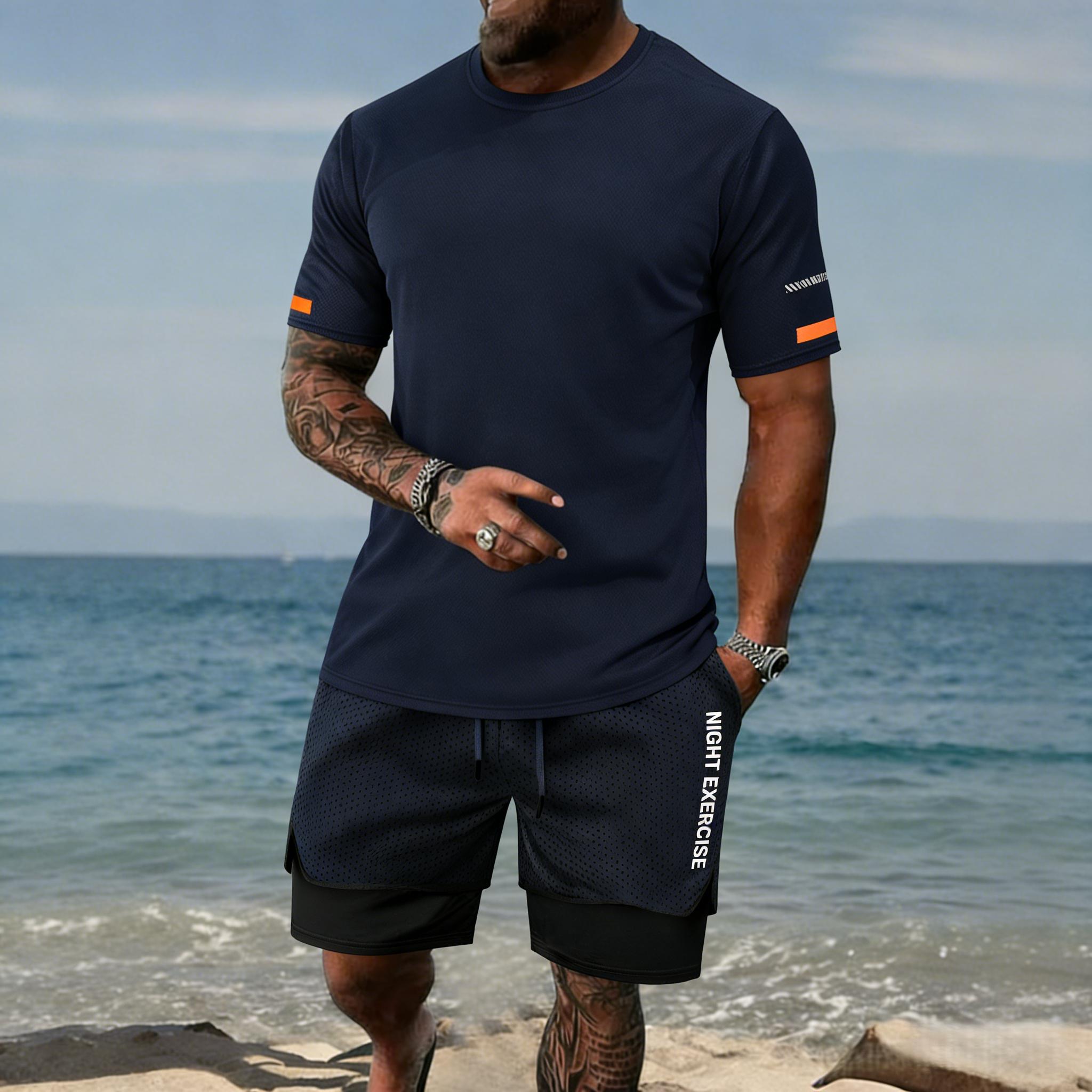 Men’s T-shirt and shorts set, regular fit, quick-drying, breathable, sweat-wicking; stylish sports-casual short-sleeve top and shorts combo—summer men’s apparel set.
