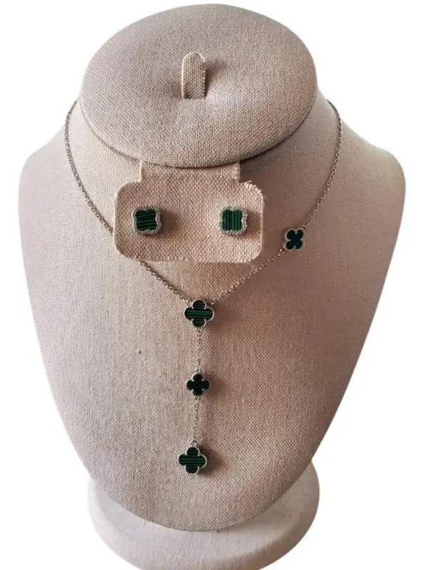 925 Sterling Silver Clover Necklace & Earrings Set Green Malachite Look 12.5mm