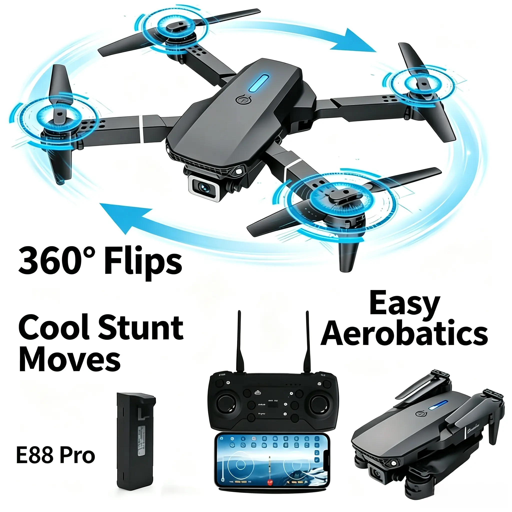 E88-Pro Foldable Drone with 2 Cameras, 360° Stunt Flips, Dual-Camera Outdoor Aerial Photography Companion for Summer Road Trips auto