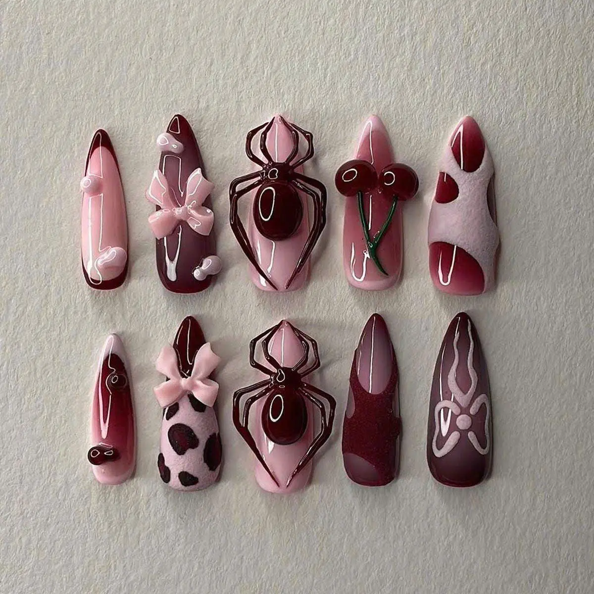 Pink Spider Pointed Soft Gel Press-On Nails Set 1, Handmade Reusable Nail Art Decoration Accessory