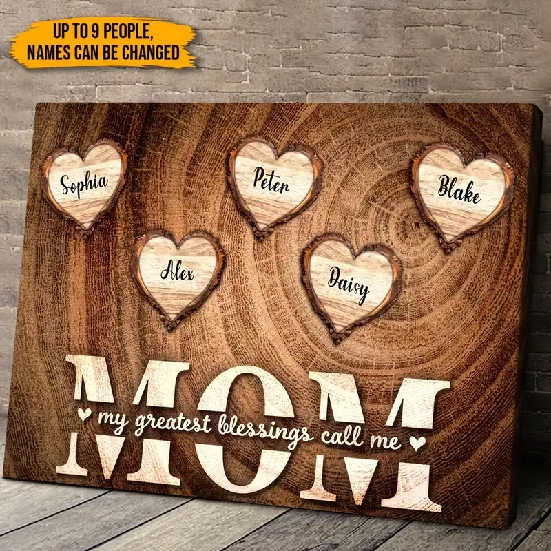 2D Flat Personalized Framed Wooden Heart Canvas Print Plaque - Custom Family Names, "My Greatest Blessings Call Me Mom" Quote, Handmade Oil Painting on Wrapped Canvas, Mom Wedding Gift, Rustic Home Decor, Living Room Accessory, Custom Frame, Home Supplies