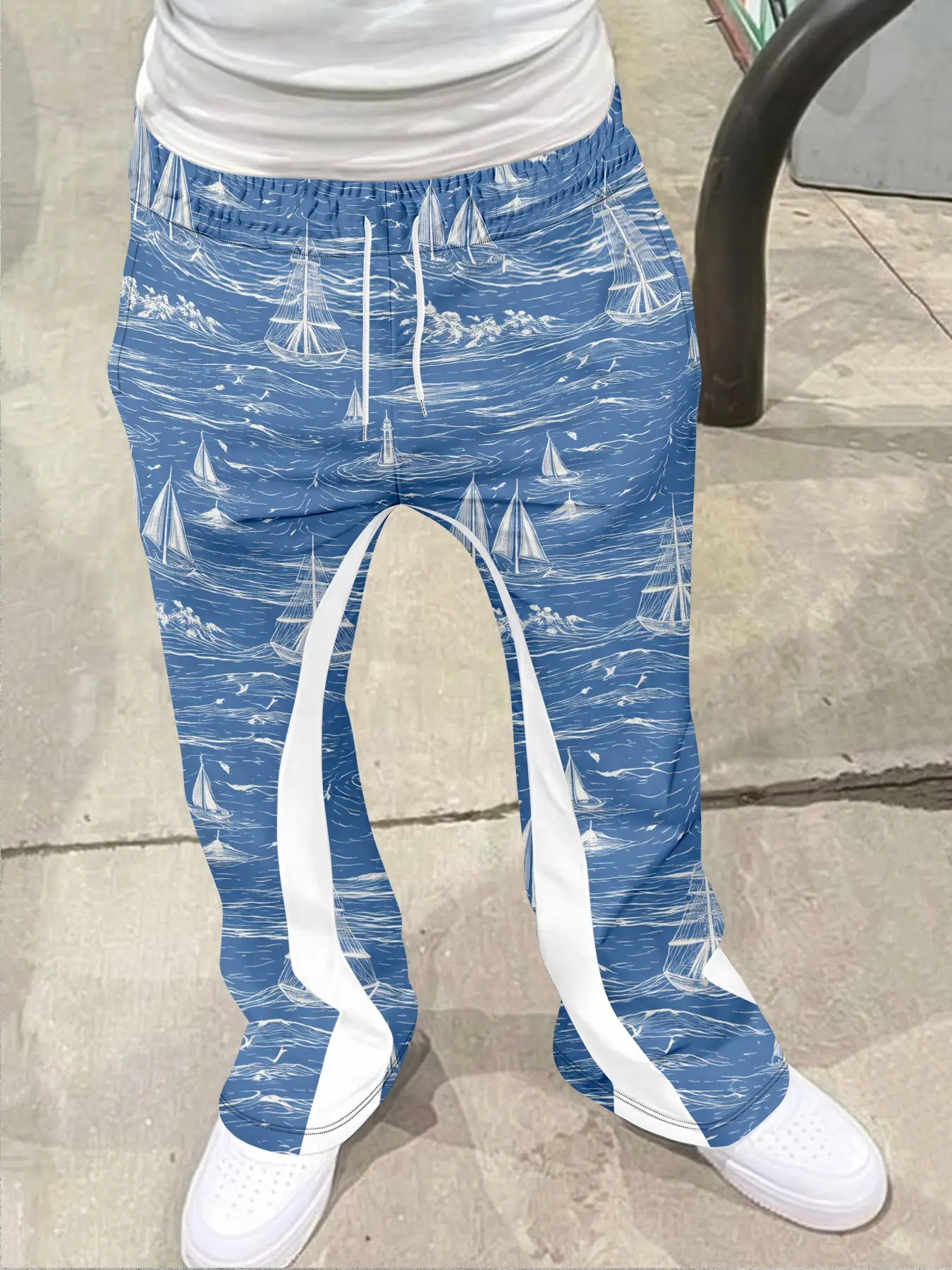 Men's street wear retro flared pants, retro maritime theme elements, a fusion of "ocean style+street style", drawstring waistband+white stripes on the sides+tassel decoration on the hem, combining decorative and casual feel, Casual Fit Drawstrings