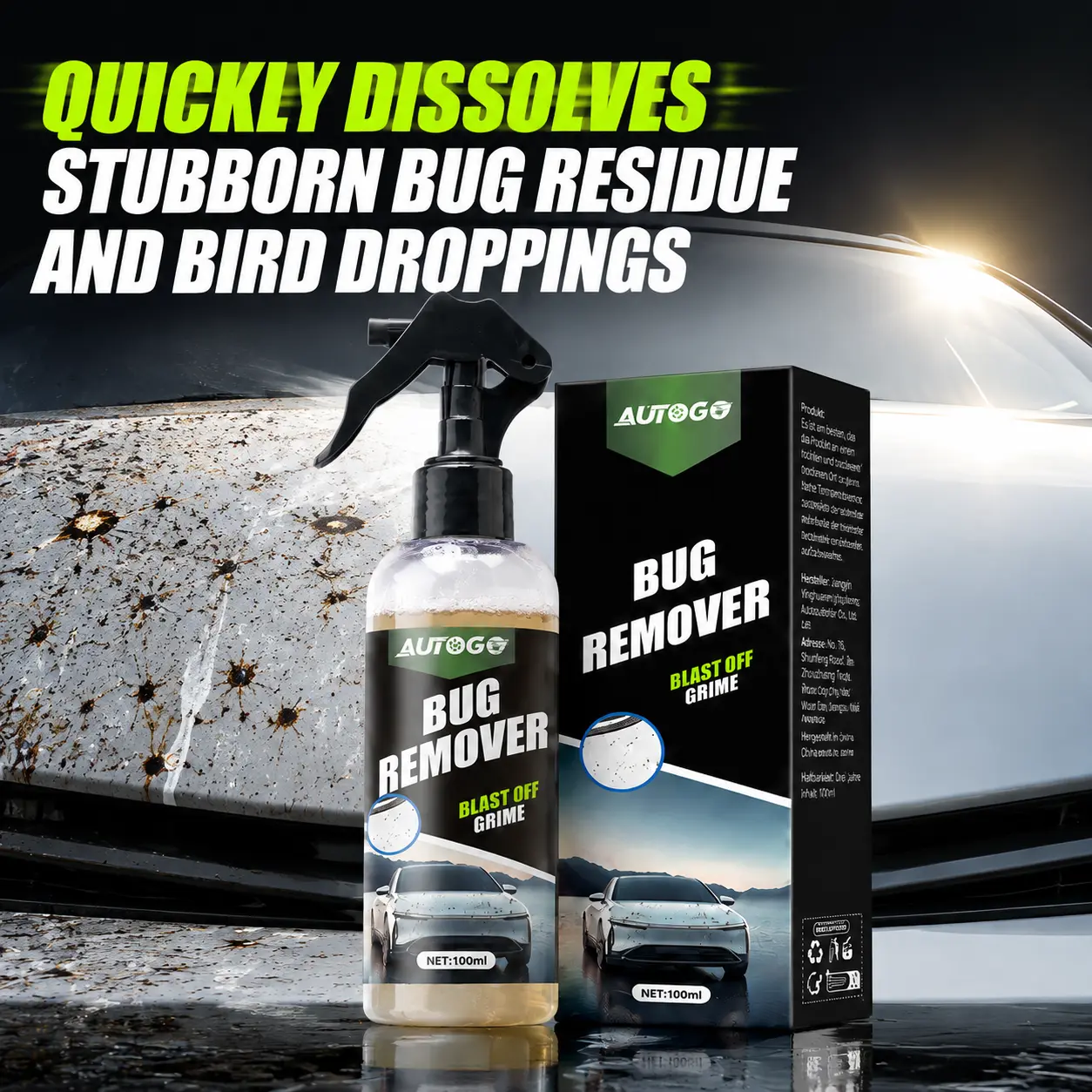 100ml Car Wheel, Tire & Bug Tar Cleaner - Quick Dissolve for Cars - Removes Stubborn Bug Residue, Bird Droppings, Grime - Automotive Paint Care Clean Surface Solution