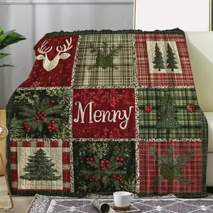 Vintage Christmas Reindeer Winter Blanket, Plaid Pattern, Soft Flannel Throw, Perfect for Home, Bedroom, Sofa, Travel, High-End Gift