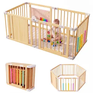 Naudacaa Durable Solid Wood Playpen - Adjustable Play Yard, Quick Folding, 6/8/10 Panels, Child-Proof Lock, Easy Assembly, Phthalate-Free, PVC-Free, Sensory Sturdy Safe Indoor Baby Safety Playard