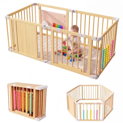 Naudacaa Durable Solid Wood Playpen - Adjustable Play Yard, Quick Folding, 6/8/10 Panels, Child-Proof Lock, Easy Assembly, Phthalate-Free, PVC-Free, Sensory Sturdy Safe Indoor Baby Safety Playard